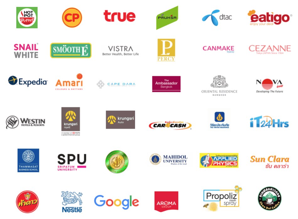 แบรนด์สินค้าและบริการที่เคยดูแล เช่น True, Pruksa, dtac, SNAIL WHITE, Vistra, Expedia, Amari, Westin, Krungsri, Thammasat Business School, Mahidol University, Google, Nestlé
